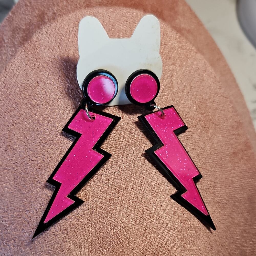 Shazzam Pink Lightning Bolt Acrylic Dangle Earrings, Retro Fashion, 3in Long